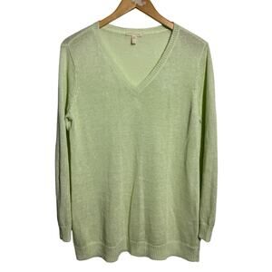 Eileen Fisher Celadon Knit Tunic Sweater Top Women S Green V-Neck Linen Spring